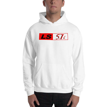 man modeling LS 5.7 LS1 Engine Hoodie Sweatshirt - white